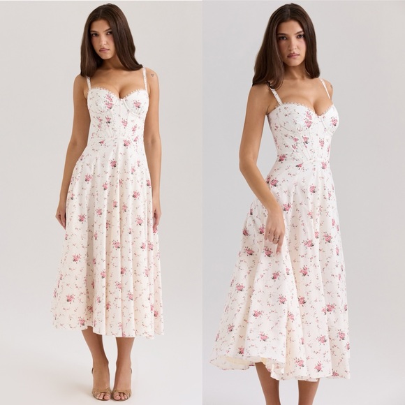 House of cb STEFFANI White Stretch Cotton Rose Print Midi Sundress Size XS D-DD‎ - Picture 3 of 13